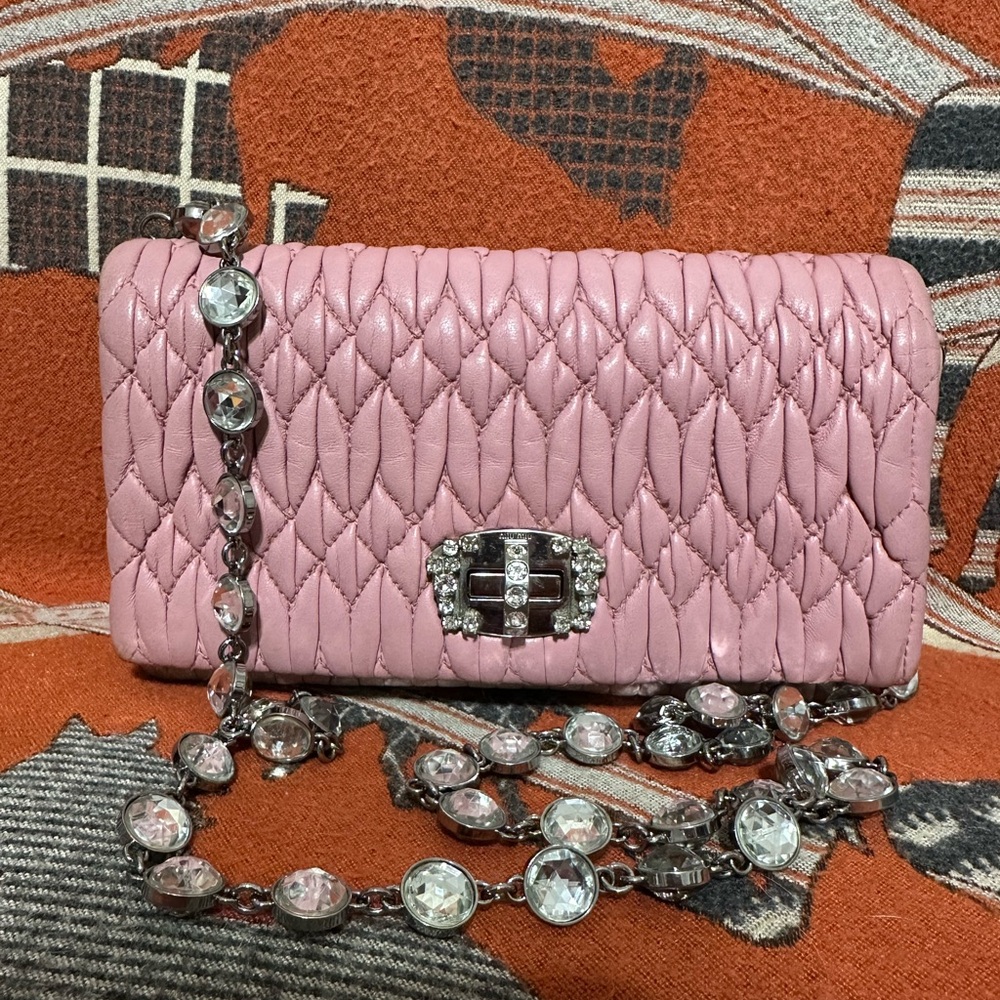 Miu Miu Pink Quilted Clutch with Crystal Accents